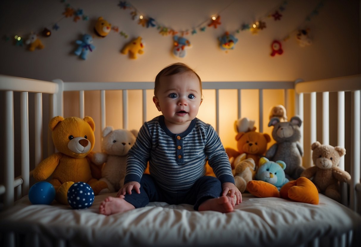 A baby lies in a crib, surrounded by toys and a mobile. The room is dimly lit, with a faint glow coming from a nightlight. The baby's eyes are wide open, and they squirm and kick their legs, unable to