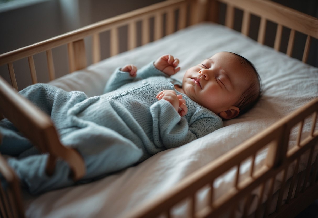 A newborn lies peacefully in a crib, eyes closed and breathing softly. A list of 10 normal behaviors is displayed nearby