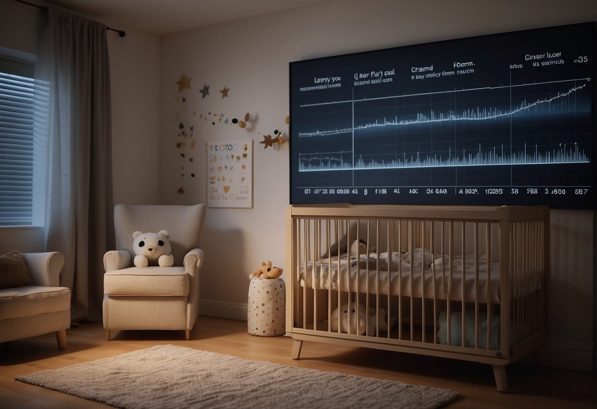 A baby's cries echo through a cozy nursery, as a mobile gently spins above the crib. A chart on the wall lists different cry patterns, while a soothing lullaby plays in the background