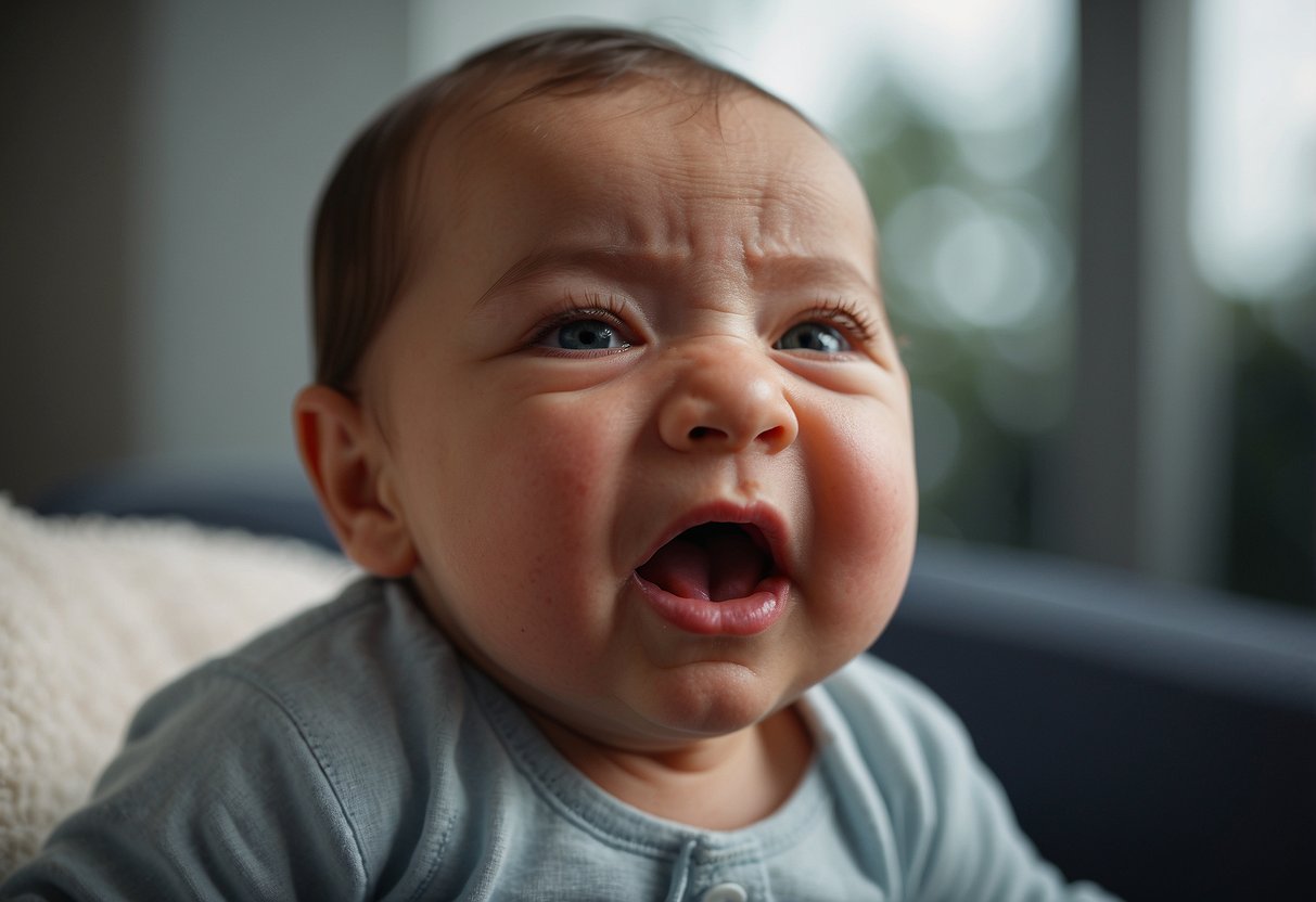 A sudden, loud, high-pitched cry depicts pain. Use the 7 Ways to Decode Your Newborn’s Cries to accurately illustrate the scene