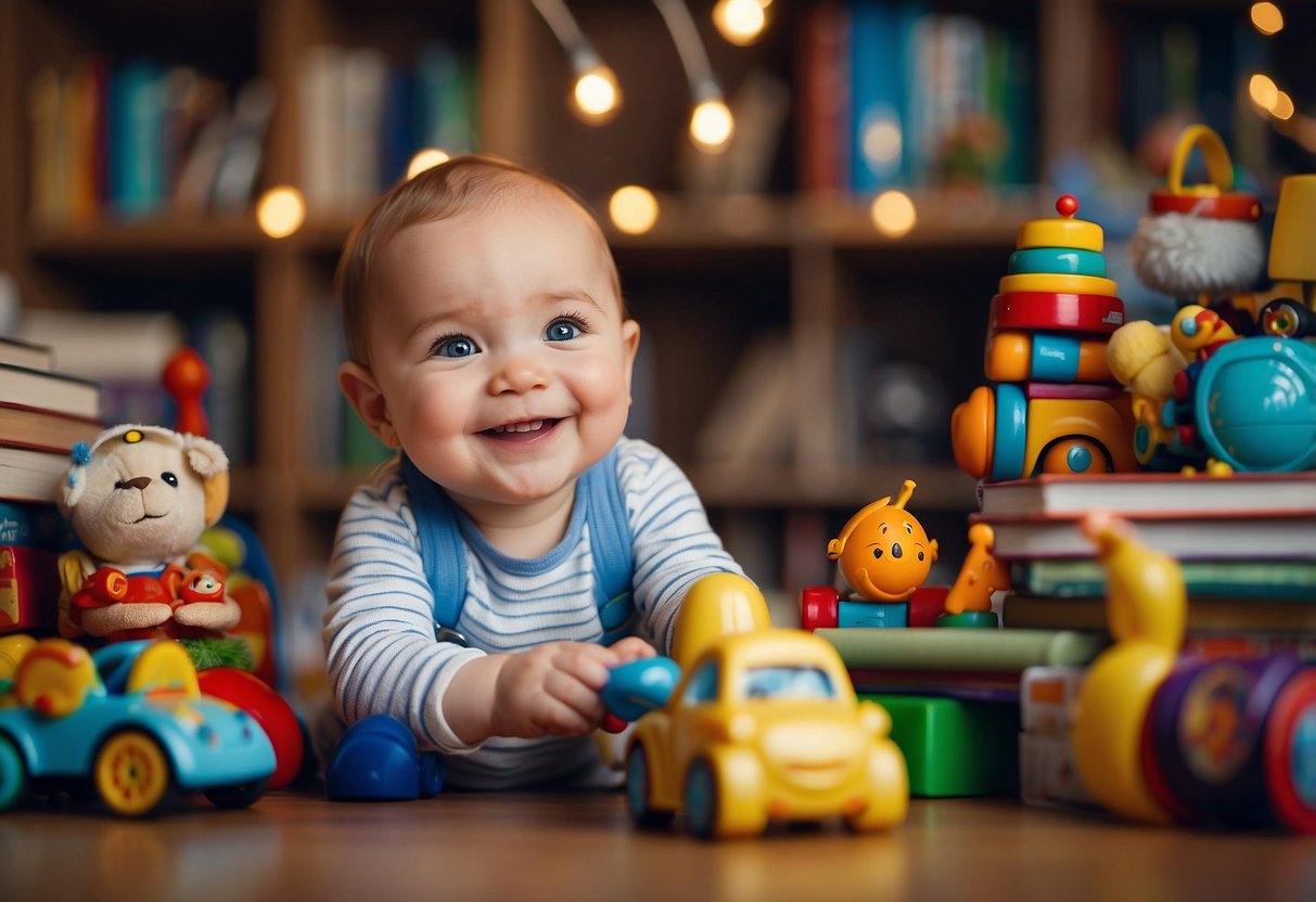 A smiling baby surrounded by age-appropriate toys and books, making eye contact and reaching for objects. A pediatrician observes and nods in approval