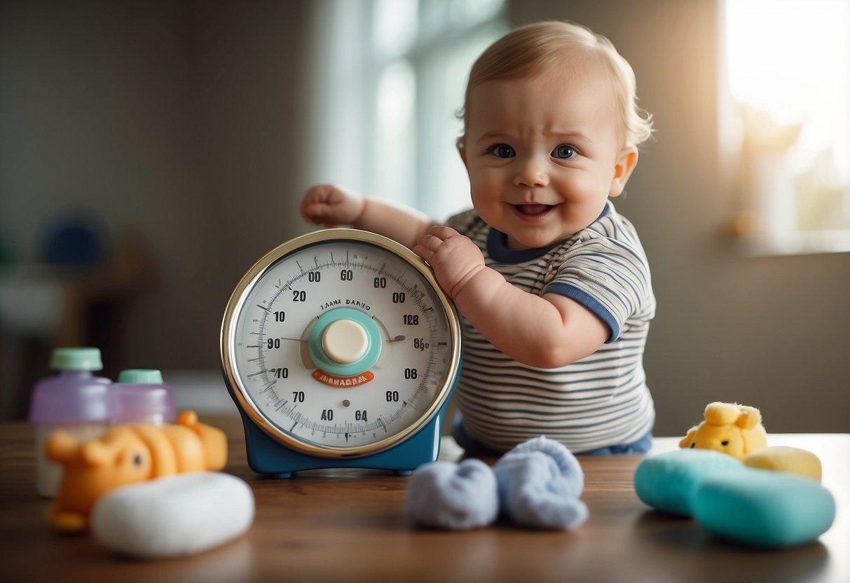 A scale showing increasing numbers, a happy baby reaching for toys, a contented smile, a growing stack of diapers, a full bottle, a chubby baby arm and leg rolls, and a satisfied parent watching over