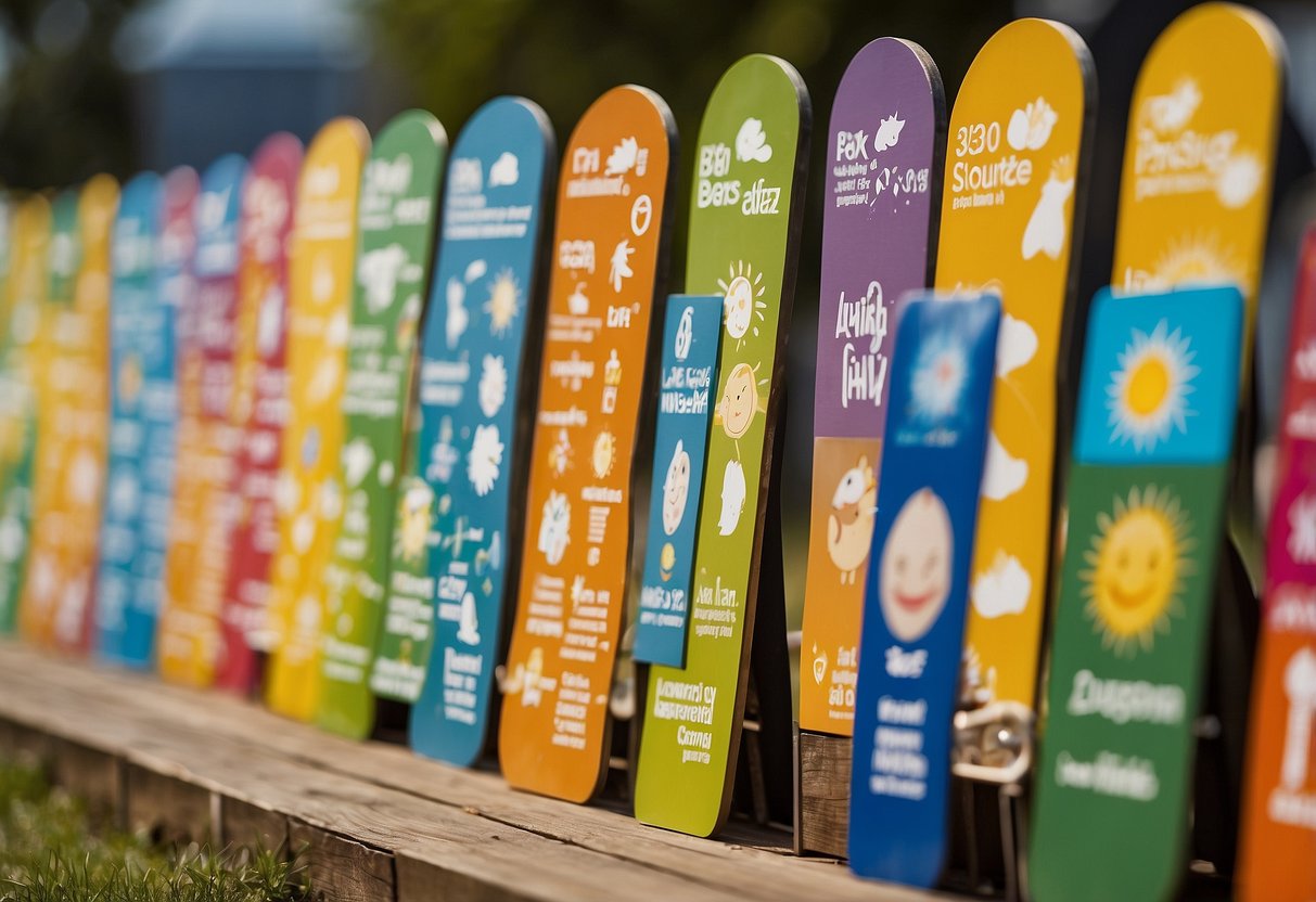 A smiling sun shining down on a row of eight colorful signs, each displaying a different developmental milestone for a newborn