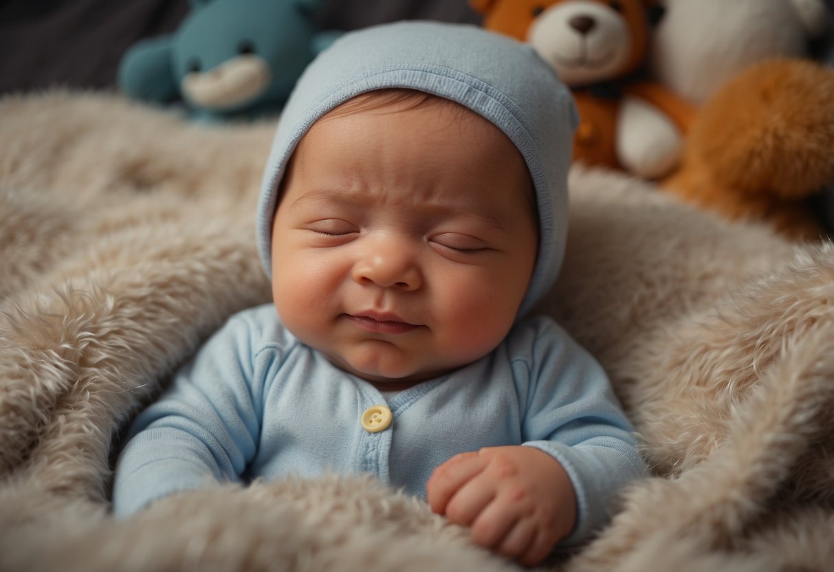 A newborn lies on a soft blanket, cooing and babbling happily. Surrounding the baby are toys and books, indicating a stimulating environment for development