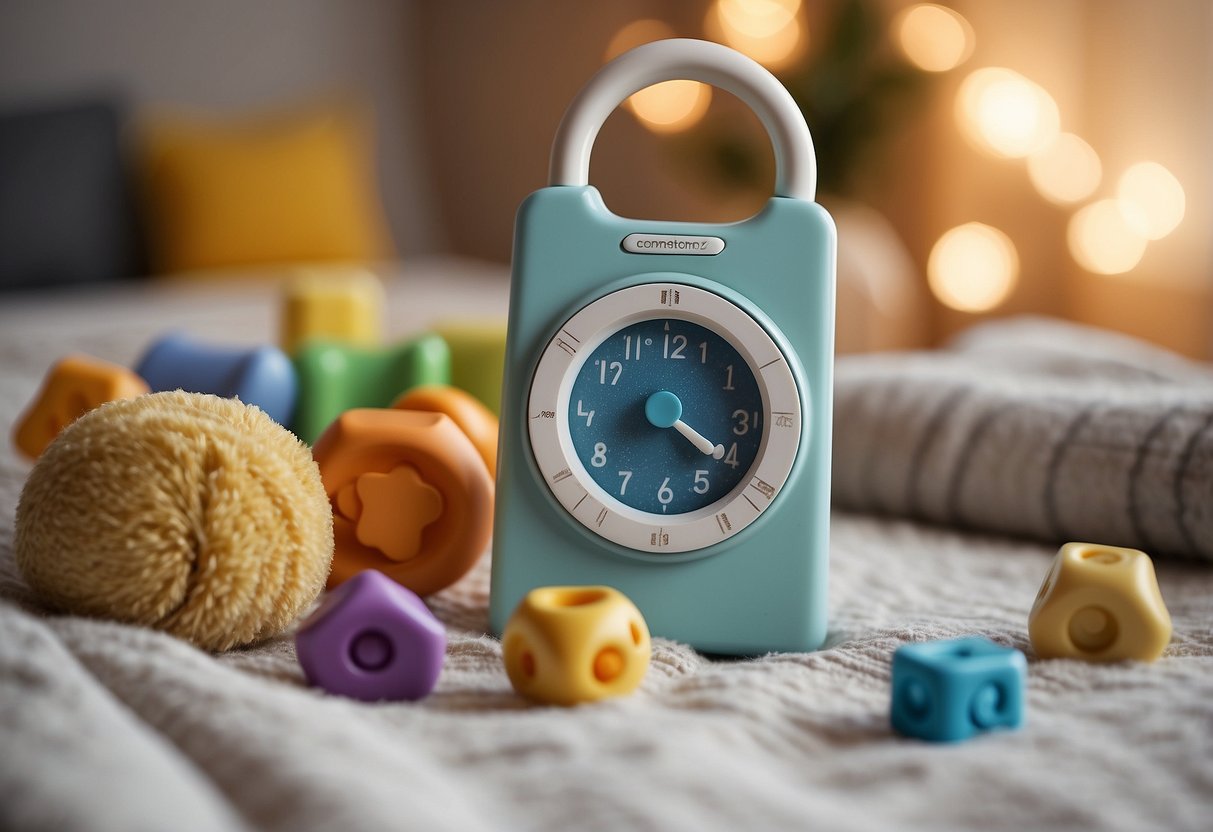 A series of objects representing developmental milestones: a rattle, a teething toy, a stack of blocks, a baby book, a growth chart, a mobile, a soft blanket, and a baby monitor