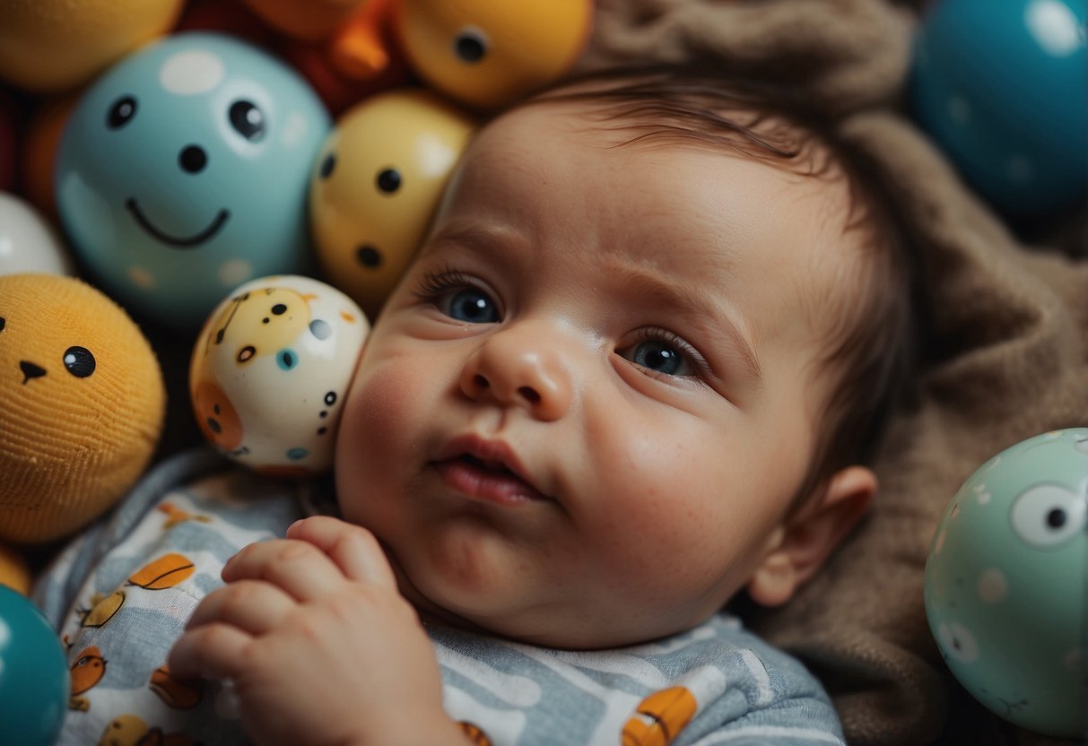 A newborn surrounded by toys, making eye contact, tracking objects, and responding to sounds and voices. Engaging in babbling and cooing, reaching for objects, and showing interest in faces