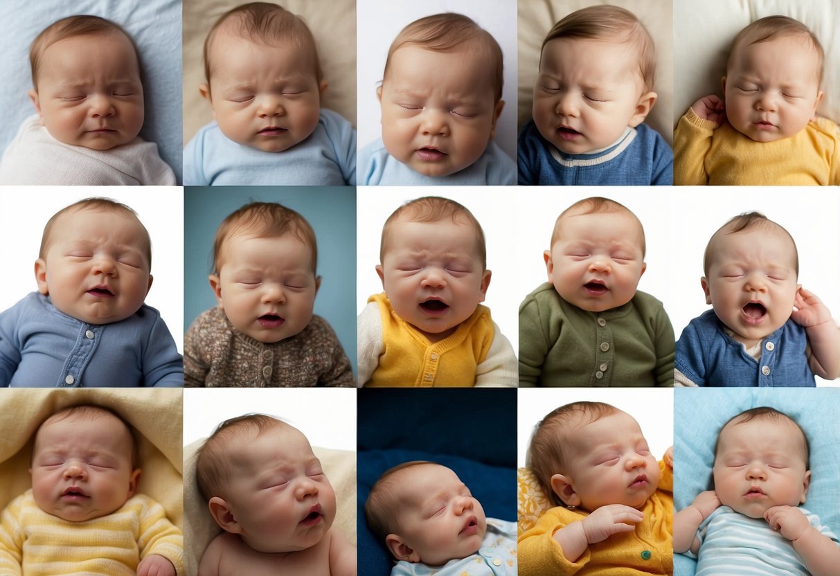 Newborns exhibit various behaviors: crying, sleeping, sucking, startle reflex, rooting, grasping, and making facial expressions. They also display jerky movements and may turn their heads when hearing sounds