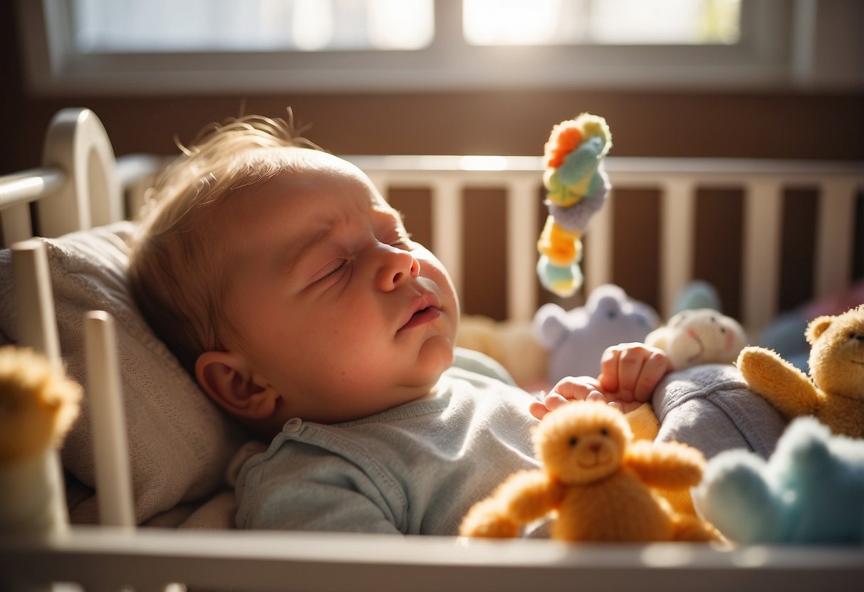 A newborn sneezes while lying in a crib surrounded by toys and a mobile. Sunlight streams through the window, casting a warm glow on the baby's face