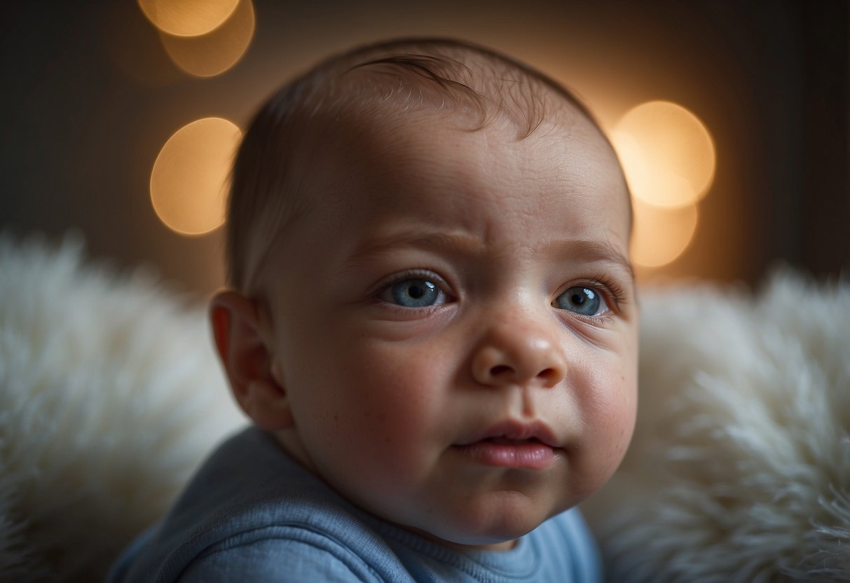 Newborns gazing intensely at objects, mimicking facial expressions, and showing signs of distress when hearing loud noises