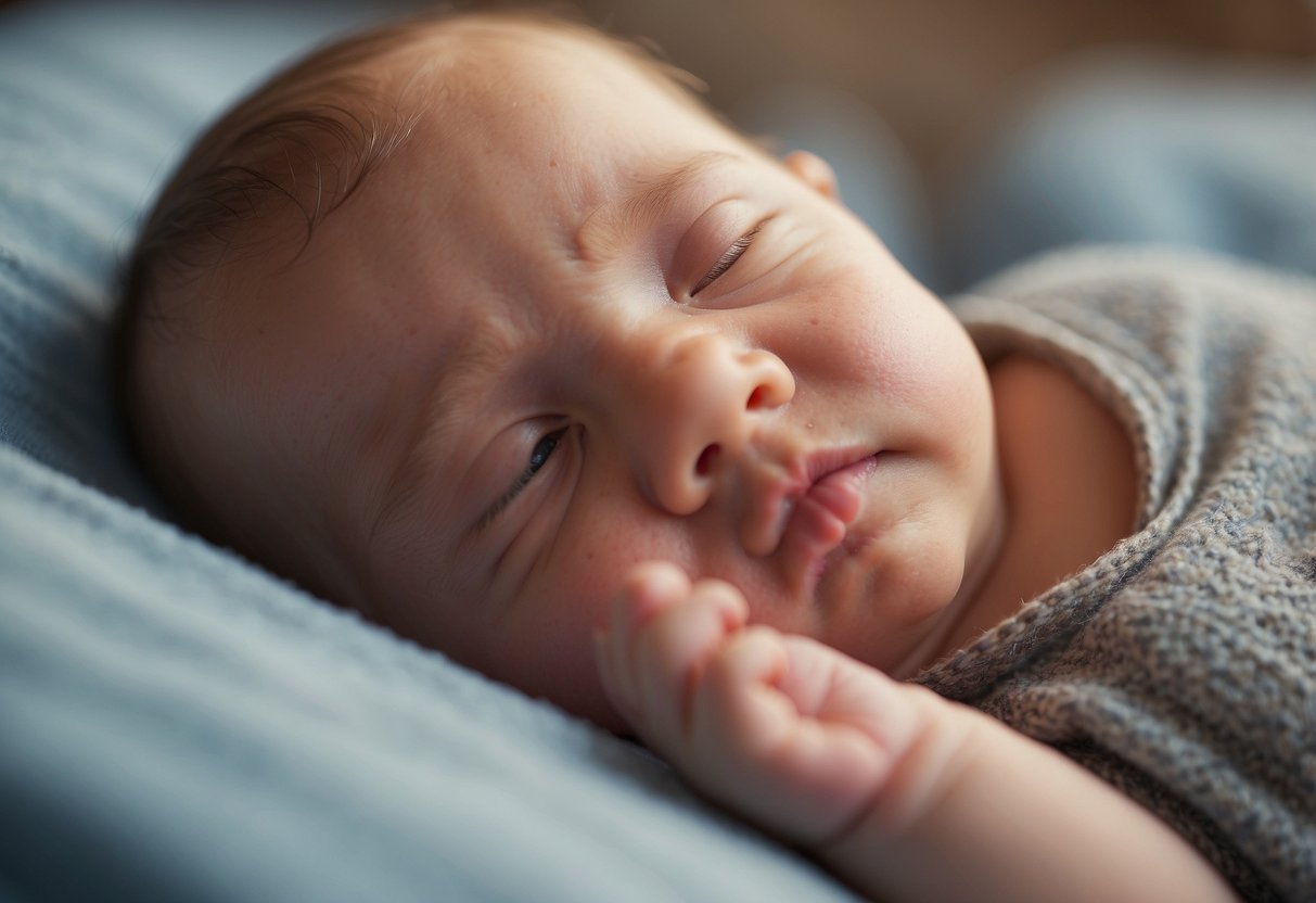 A contented baby lies peacefully, with closed fists and relaxed limbs. They suckle eagerly and make soft cooing sounds