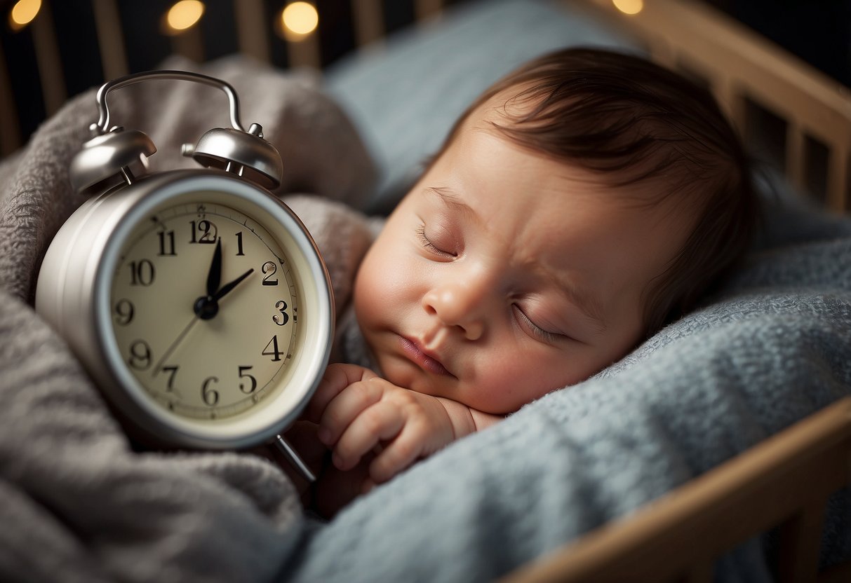 A peaceful baby sleeping in a crib, surrounded by soft blankets and a gentle nightlight, with a clock showing a regular bedtime hour