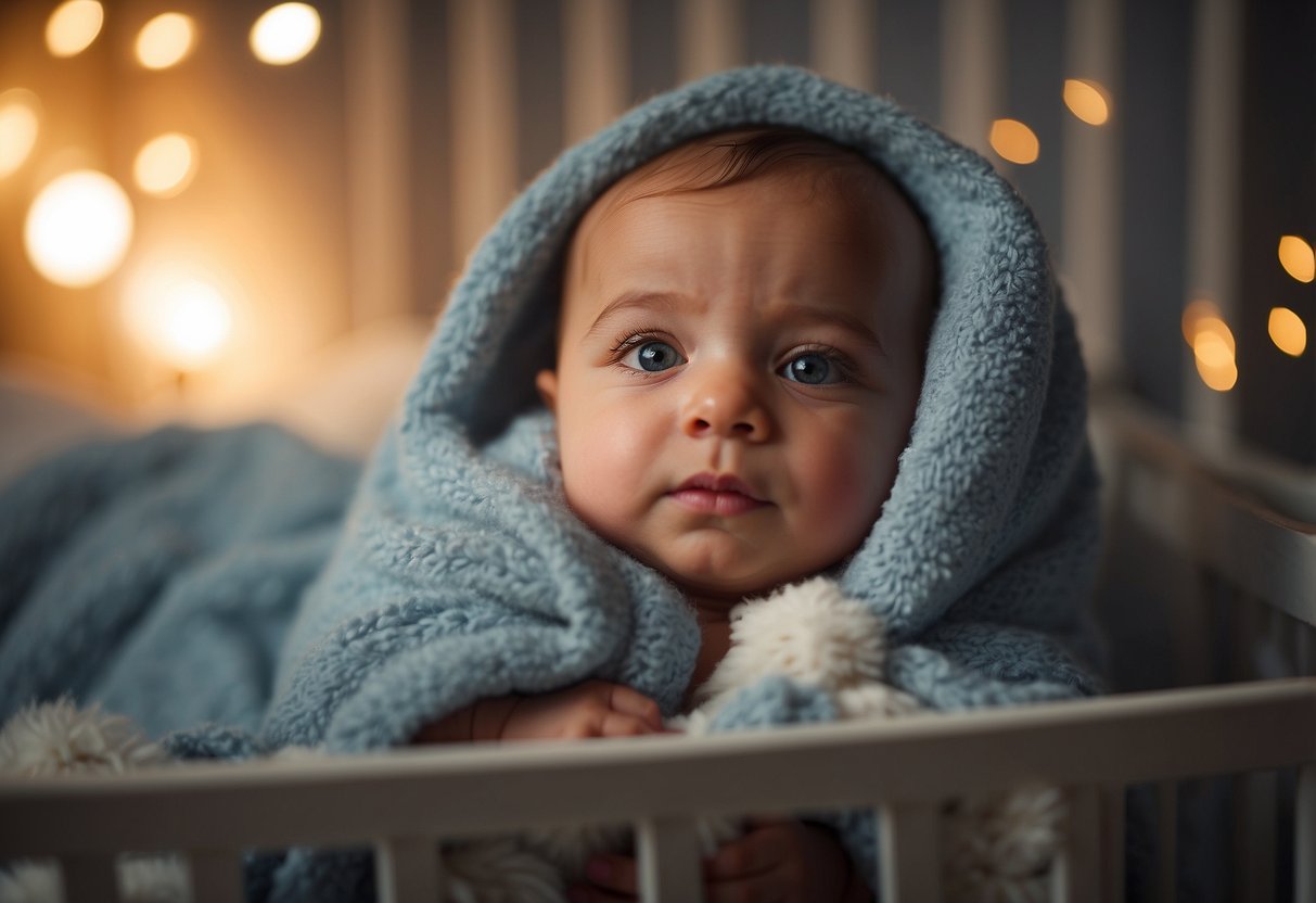 Bright, alert eyes gaze up from a cozy crib, surrounded by soft blankets and gentle lighting. A peaceful atmosphere fills the room, signaling a healthy newborn