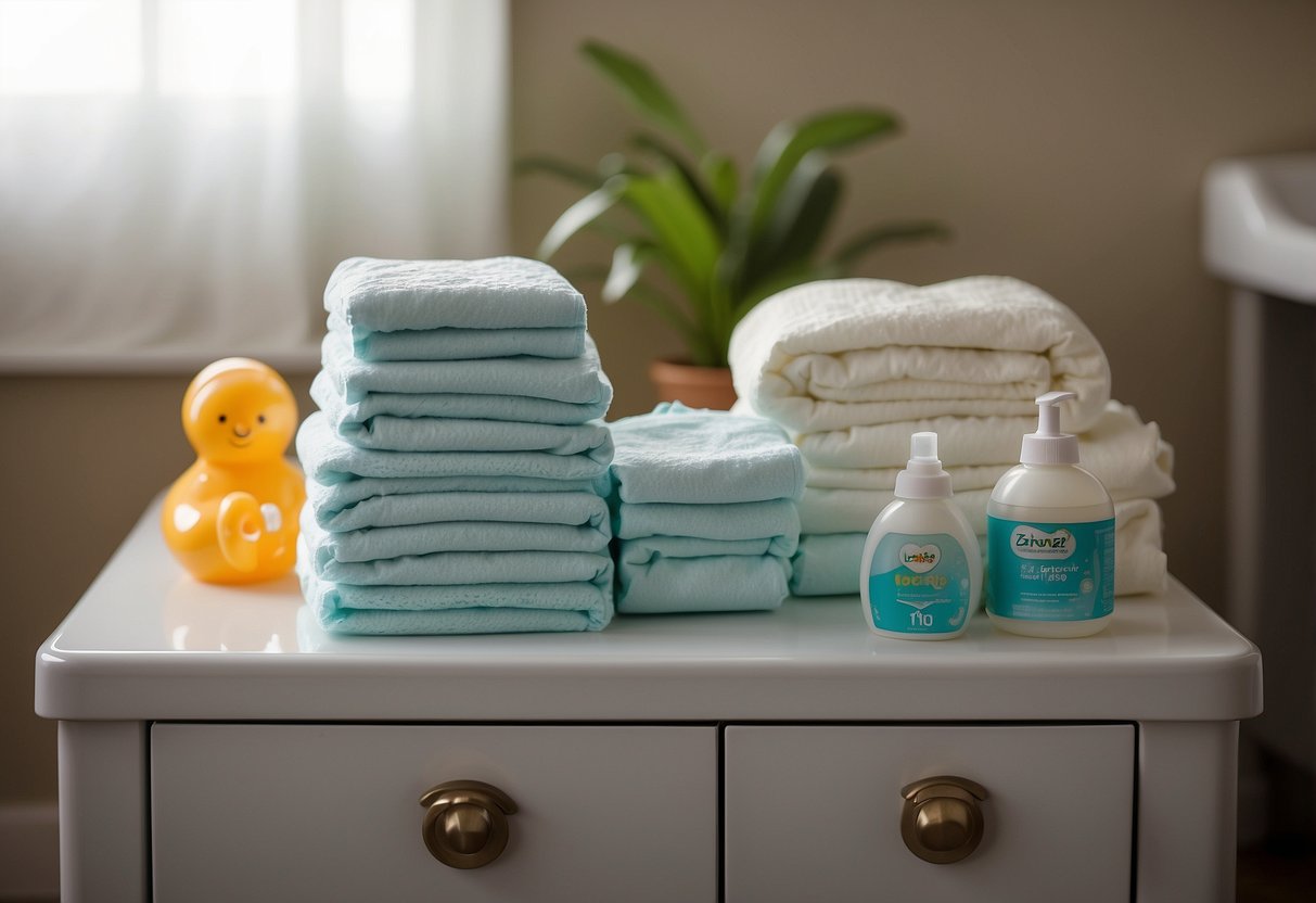 A pile of wet diapers sits next to a changing table, signaling a healthy baby's regular bowel movements