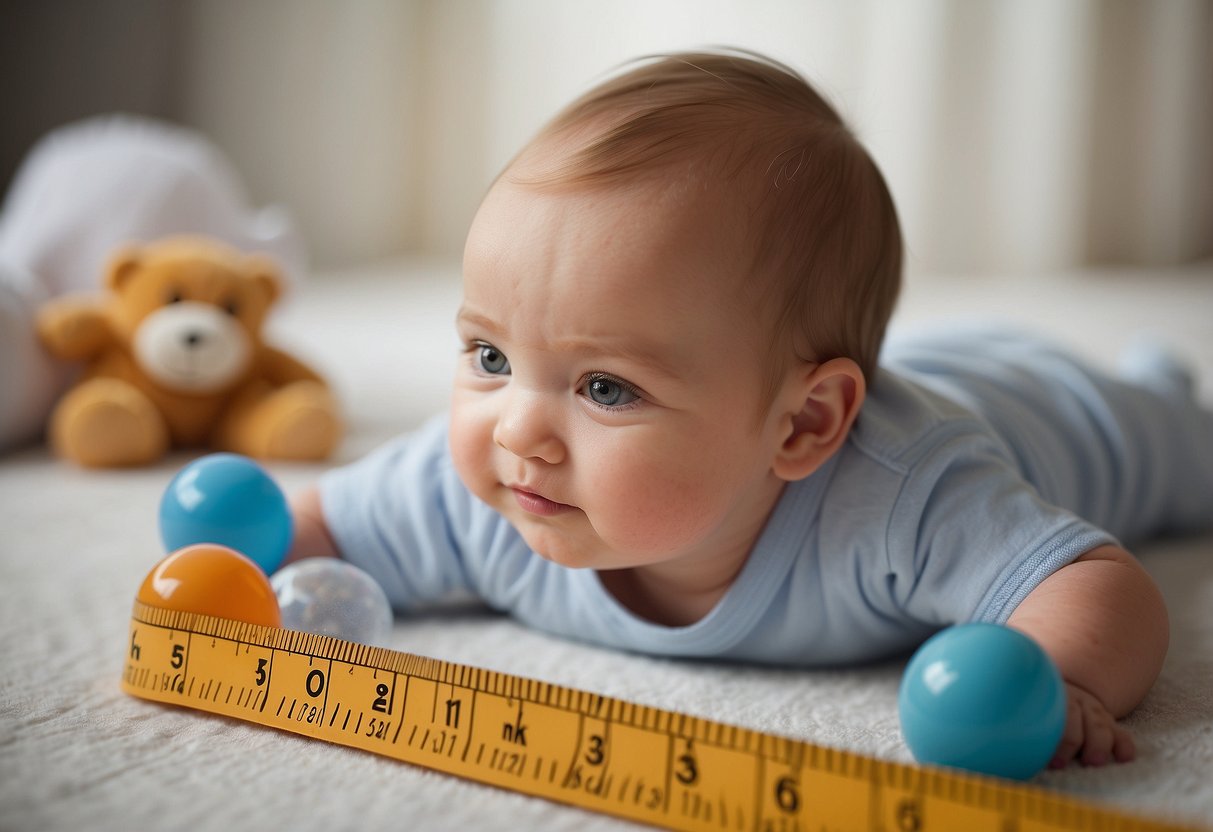 A ruler stretching out as a baby's milestones are marked off, surrounded by baby items like pacifiers and rattles