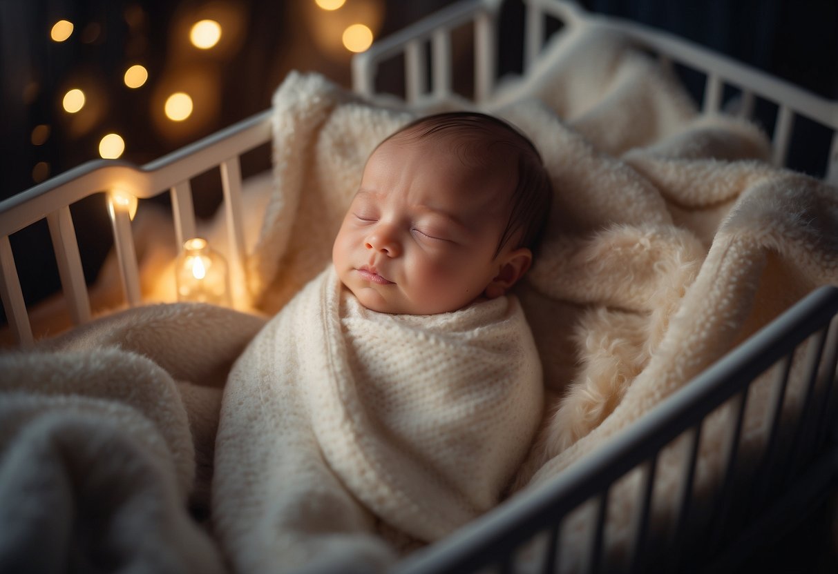 A newborn baby lying peacefully in a crib, surrounded by soft blankets and a gentle nightlight, while a small bottle of milk sits nearby