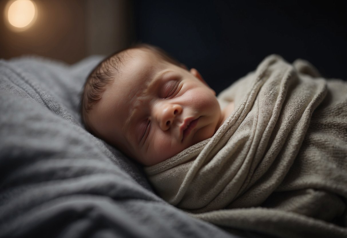 A peacefully sleeping newborn surrounded by soft blankets and a dimly lit room, with a gentle rhythmic breathing pattern and occasional small movements