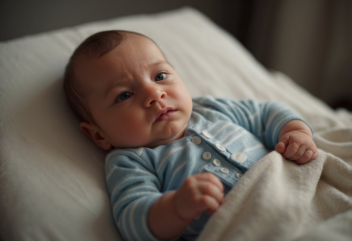 A newborn baby lying peacefully, eyes alert and tracking movement. Arms and legs are active, kicking and waving. Content facial expression