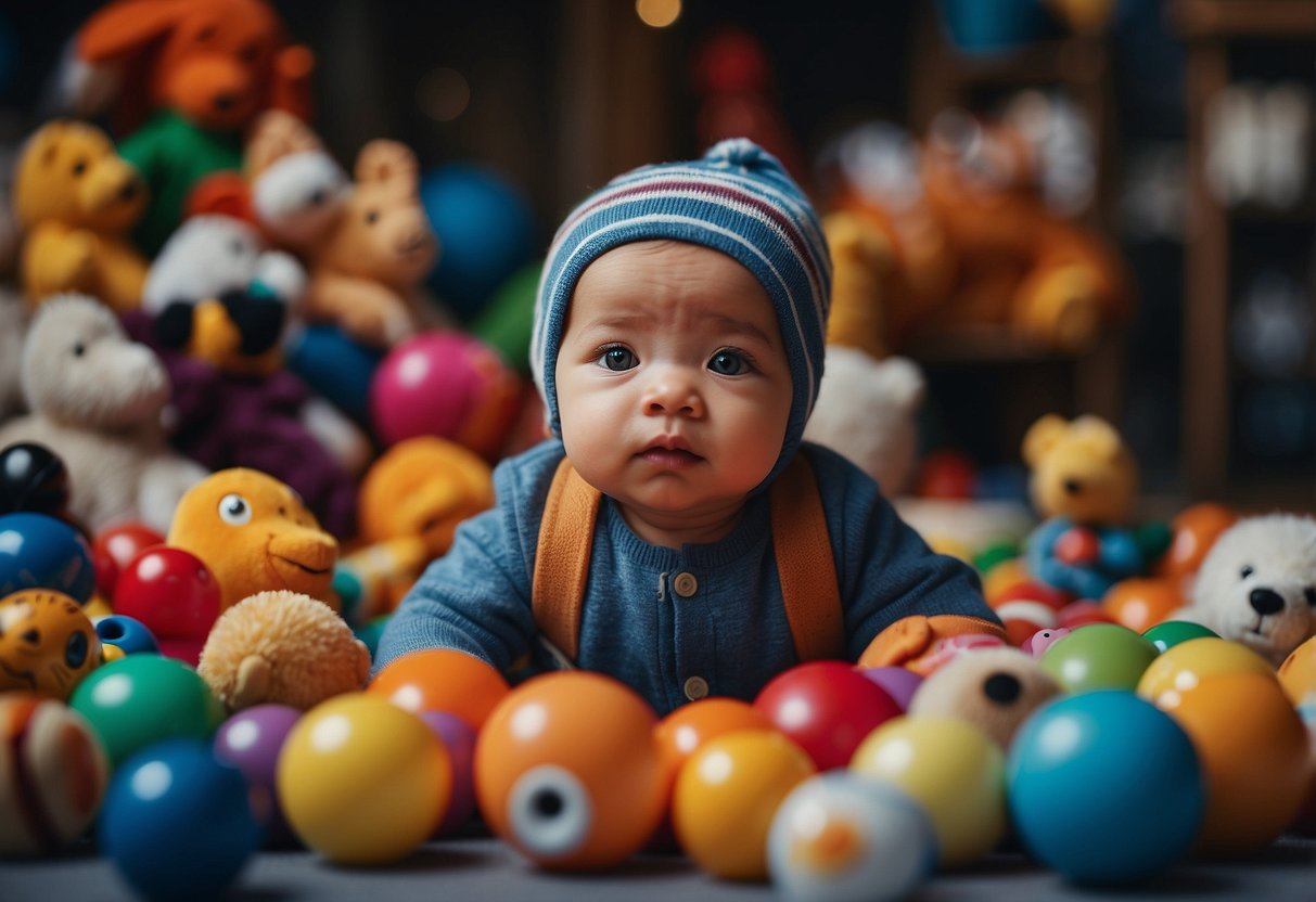 A newborn surrounded by colorful toys, gazing curiously at the world around them. They exhibit signs of curiosity, contentment, and perhaps a hint of fussiness, showcasing their unique personality