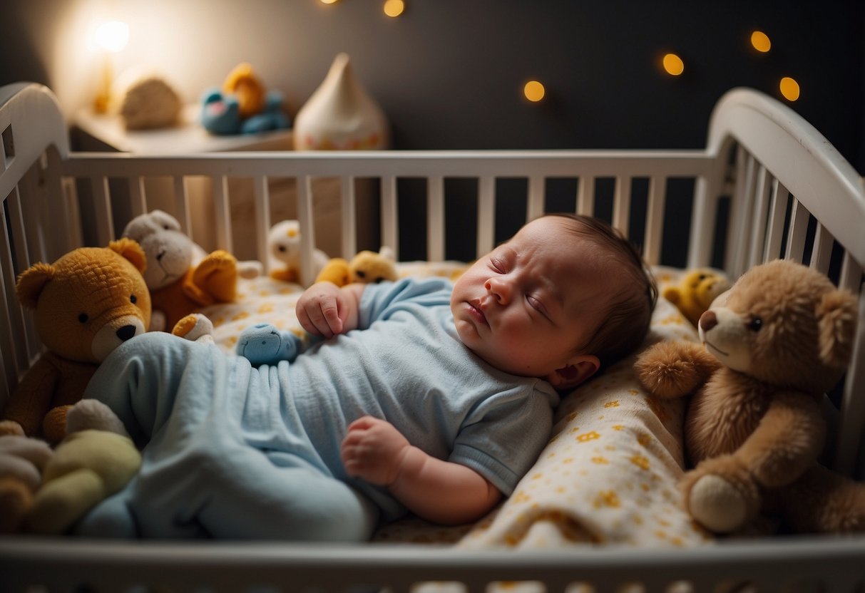 A newborn lies in a crib, surrounded by toys and blankets. Their cries vary in pitch and intensity, reflecting their unique personality. The room is dimly lit, creating a peaceful and intimate atmosphere