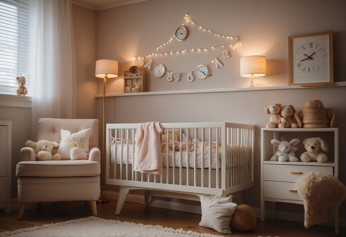 A cozy nursery with a crib and soft lighting. A clock on the wall shows the time. A baby monitor sits on a nearby table