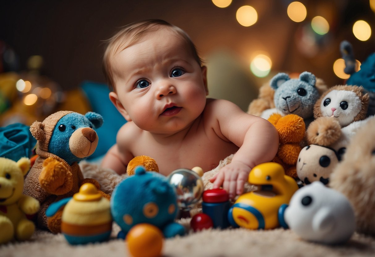 Newborn surrounded by various toys and objects. Eyes wide, observing and reacting to each item differently. Expressing curiosity and individual preferences