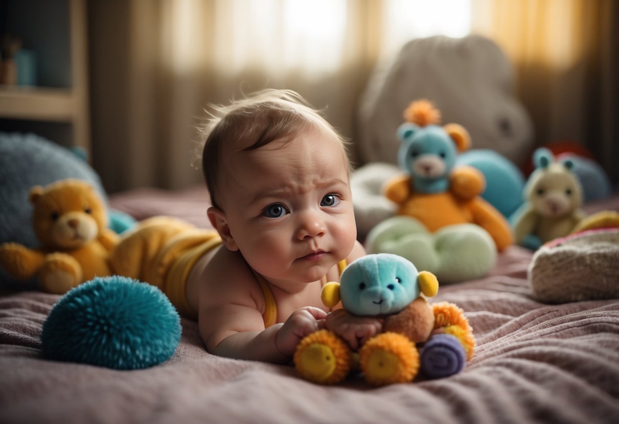 A newborn baby lying on a soft blanket, surrounded by toys and colorful objects. The baby is gazing around with curiosity, showing signs of alertness and engagement with the environment