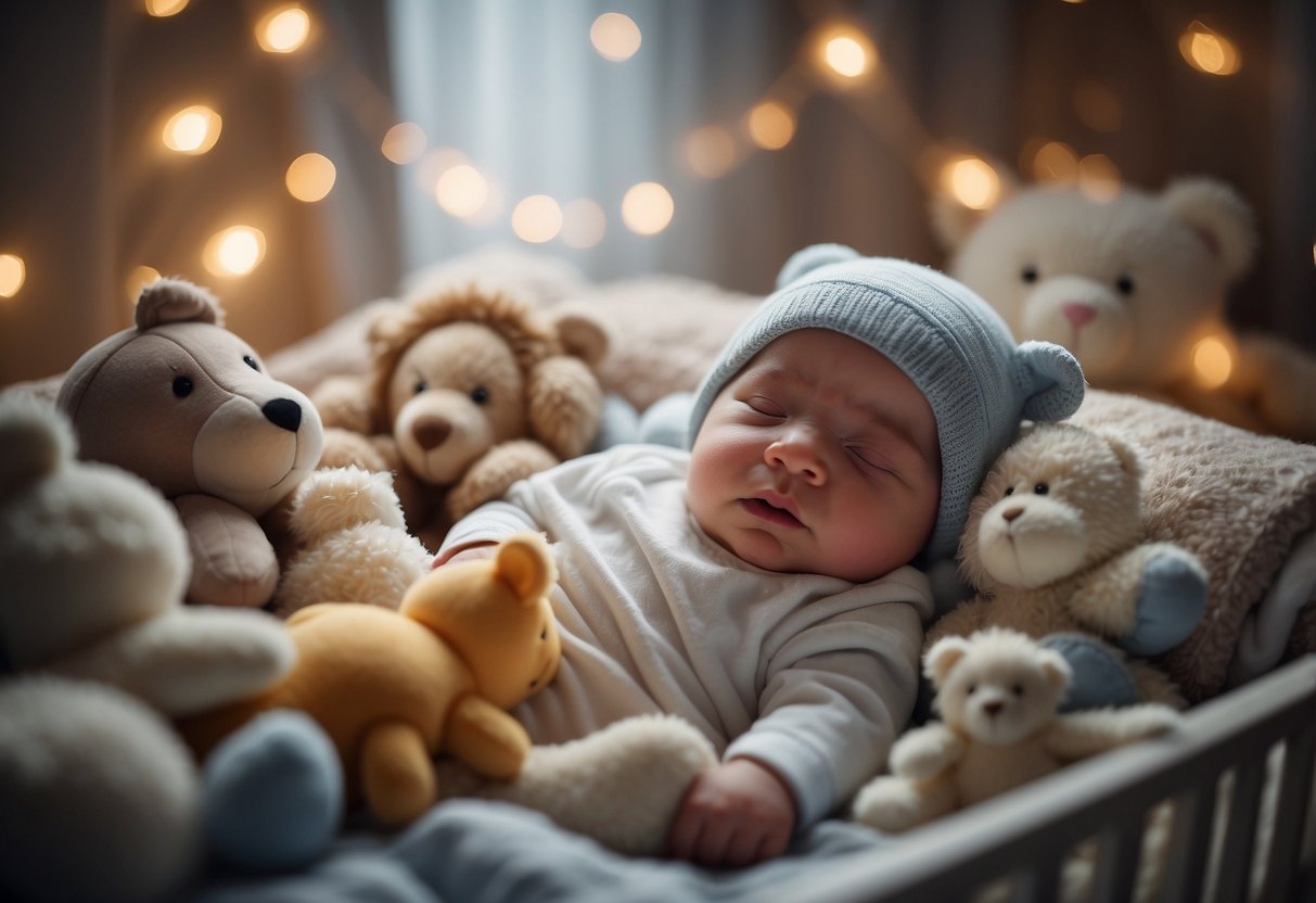 A newborn lies peacefully in a crib, surrounded by soft toys and gentle lighting. The room is quiet and serene, creating a calm and nurturing environment for the baby to explore their unique personality traits