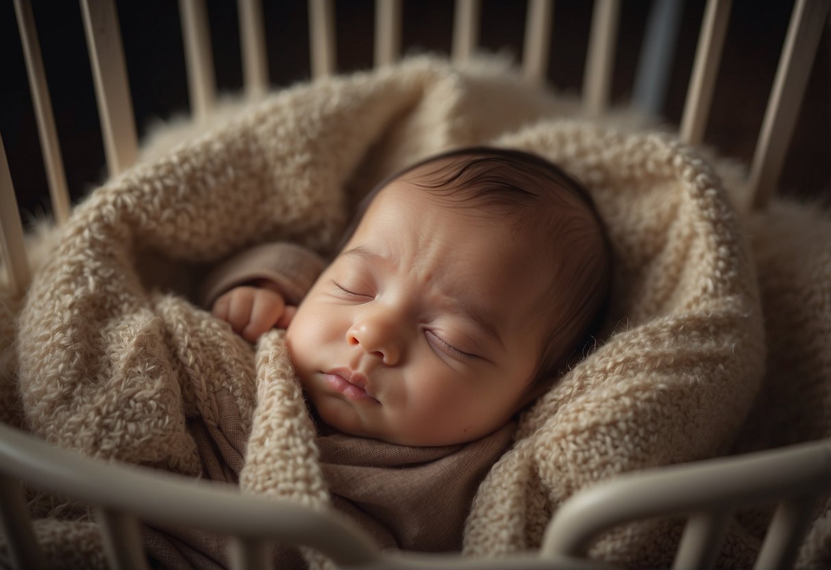 A newborn lies peacefully in a crib, gazing curiously at the world around them. Their tiny body is relaxed, and their eyes are wide with wonder, taking in every detail of their new environment