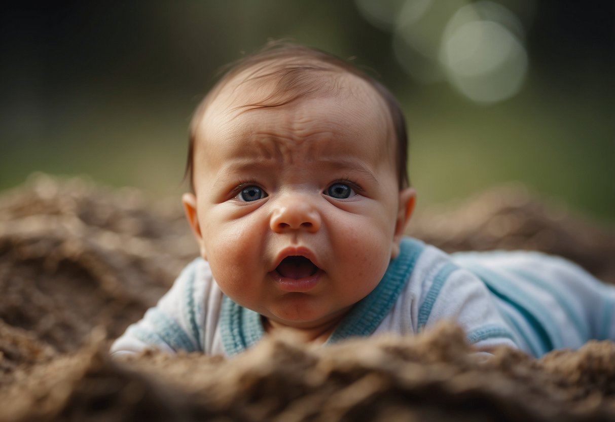 A newborn baby spits up frequently, causing concern for the parent. The baby's small body is depicted in a distressed state, with milk dribbling down their chin