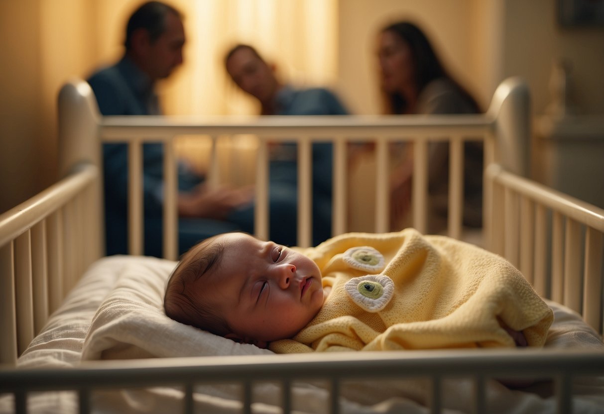 A newborn with persistent jaundice lies in a crib, surrounded by concerned parents. The baby's yellowed skin and eyes are noticeable, prompting the parents to consider calling the doctor