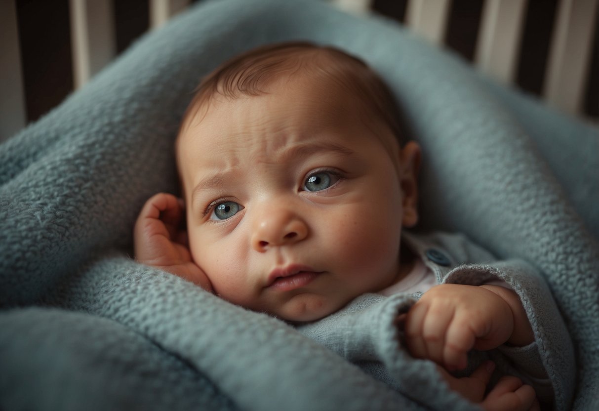 A newborn lies in a crib, gazing off to the side with no eye contact. The baby's eyes appear unfocused, showing a lack of engagement