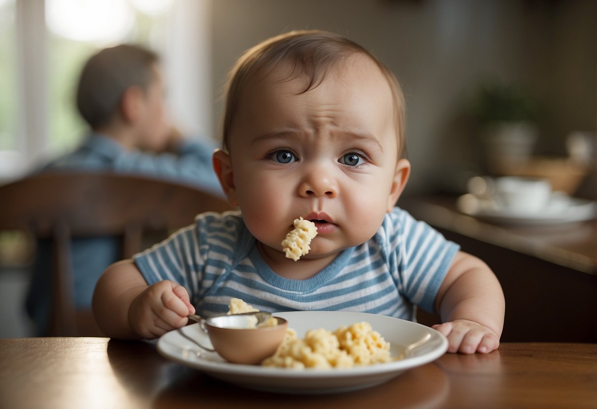 A baby turning their head away from food, with a furrowed brow and closed mouth. A concerned caregiver looks on, holding a spoon