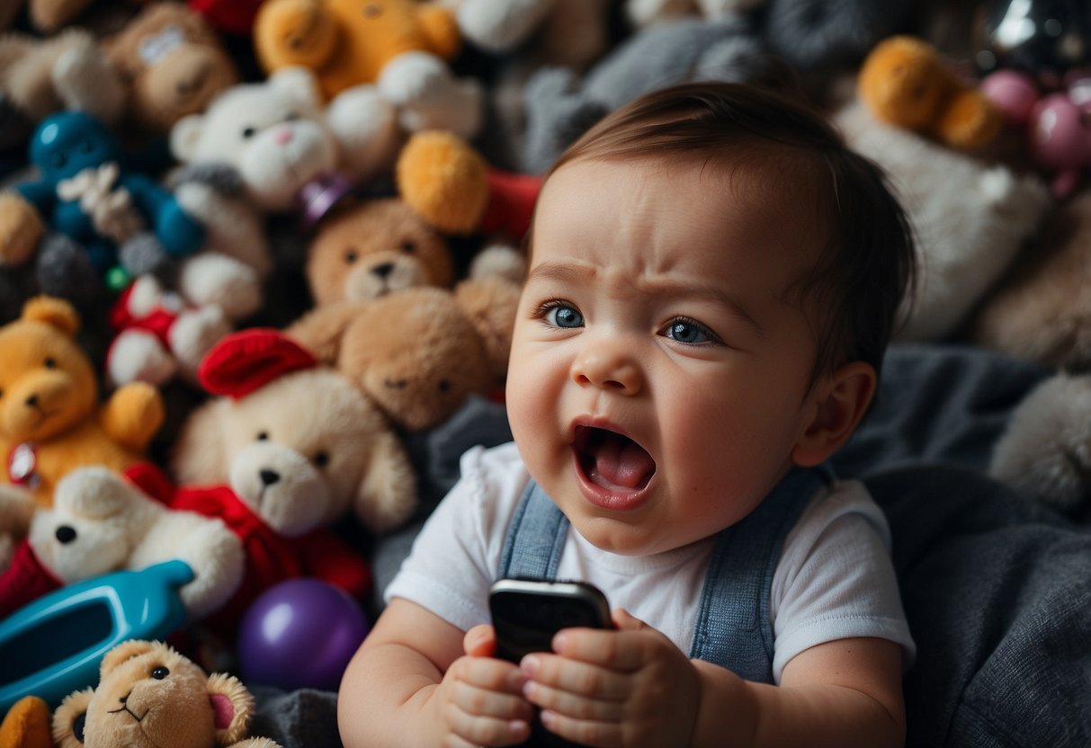 A crying baby surrounded by scattered toys and a concerned parent holding a phone, looking up symptoms online