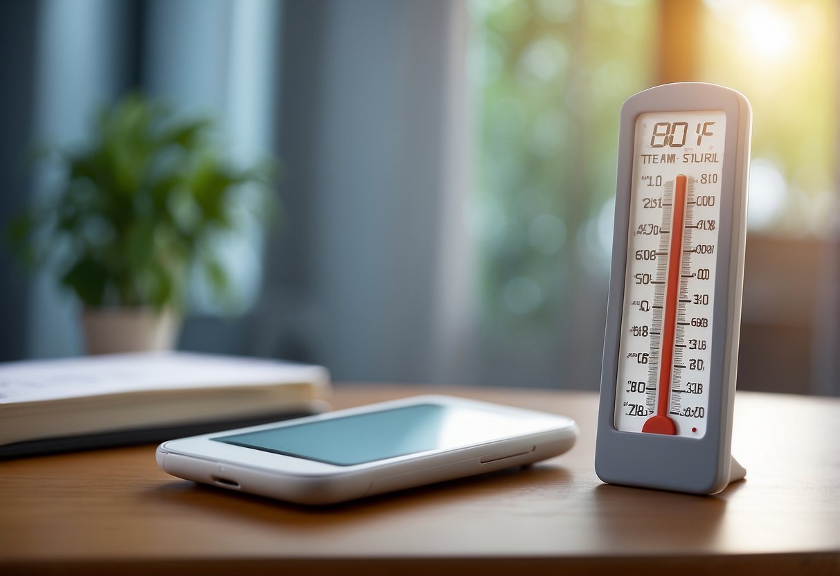 A thermometer displaying a temperature over 100.4°F. A list of 10 newborn behaviors and a phone next to it, suggesting a call to the doctor