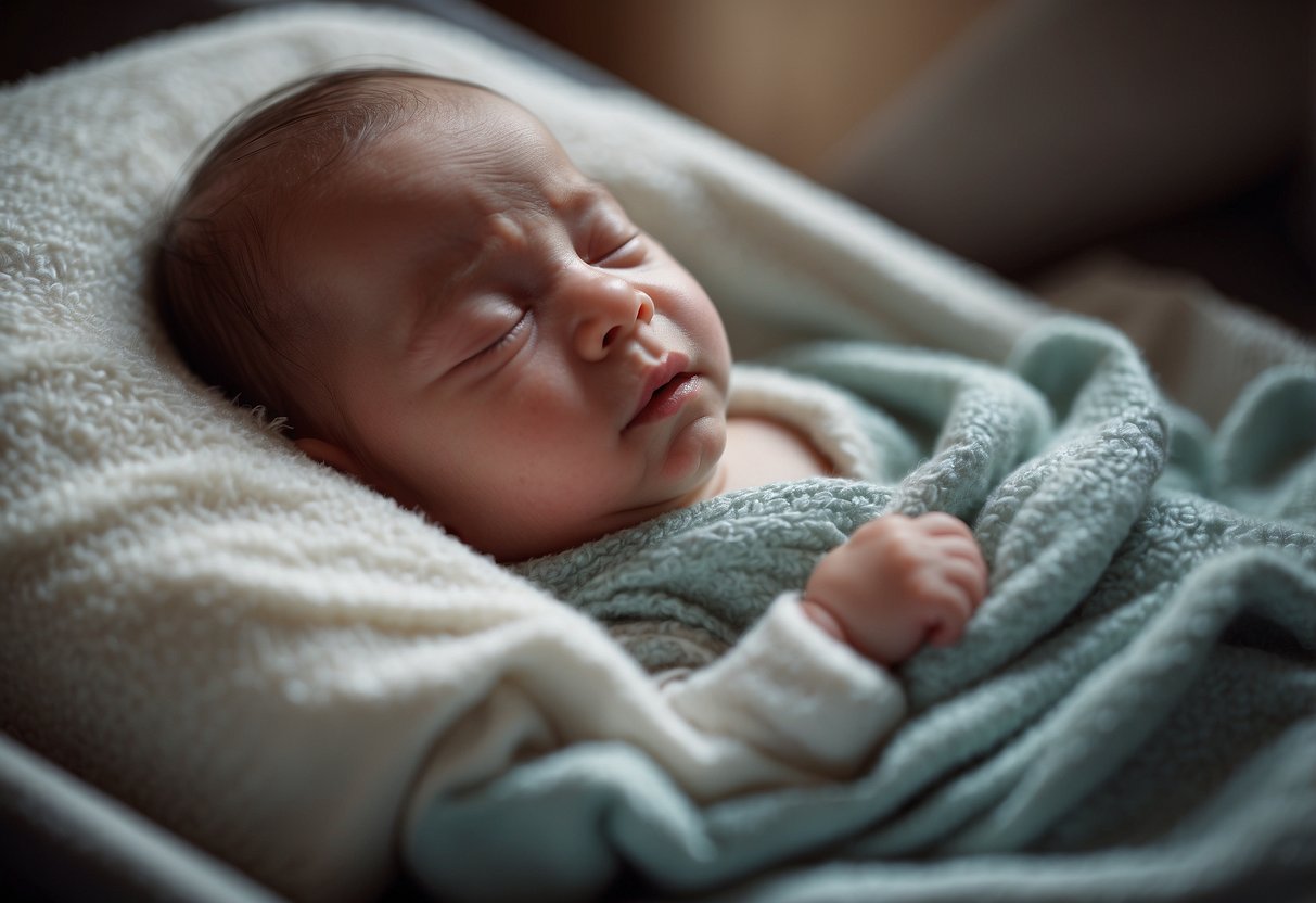 A newborn baby crying while being held by a caregiver, with a bottle nearby and a soft blanket for comfort