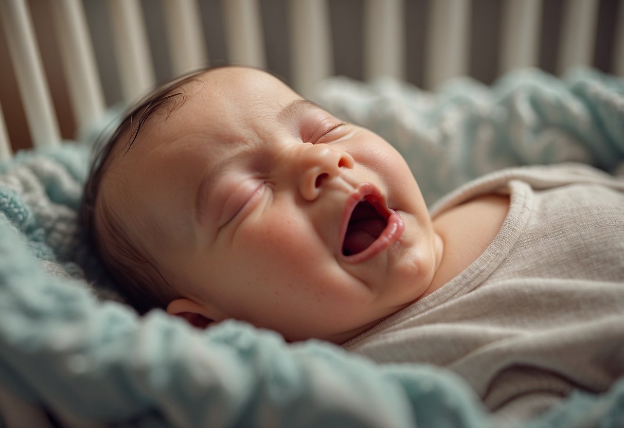 A newborn baby lying in a crib, mouth wide open in a yawn, with closed eyes and relaxed facial muscles