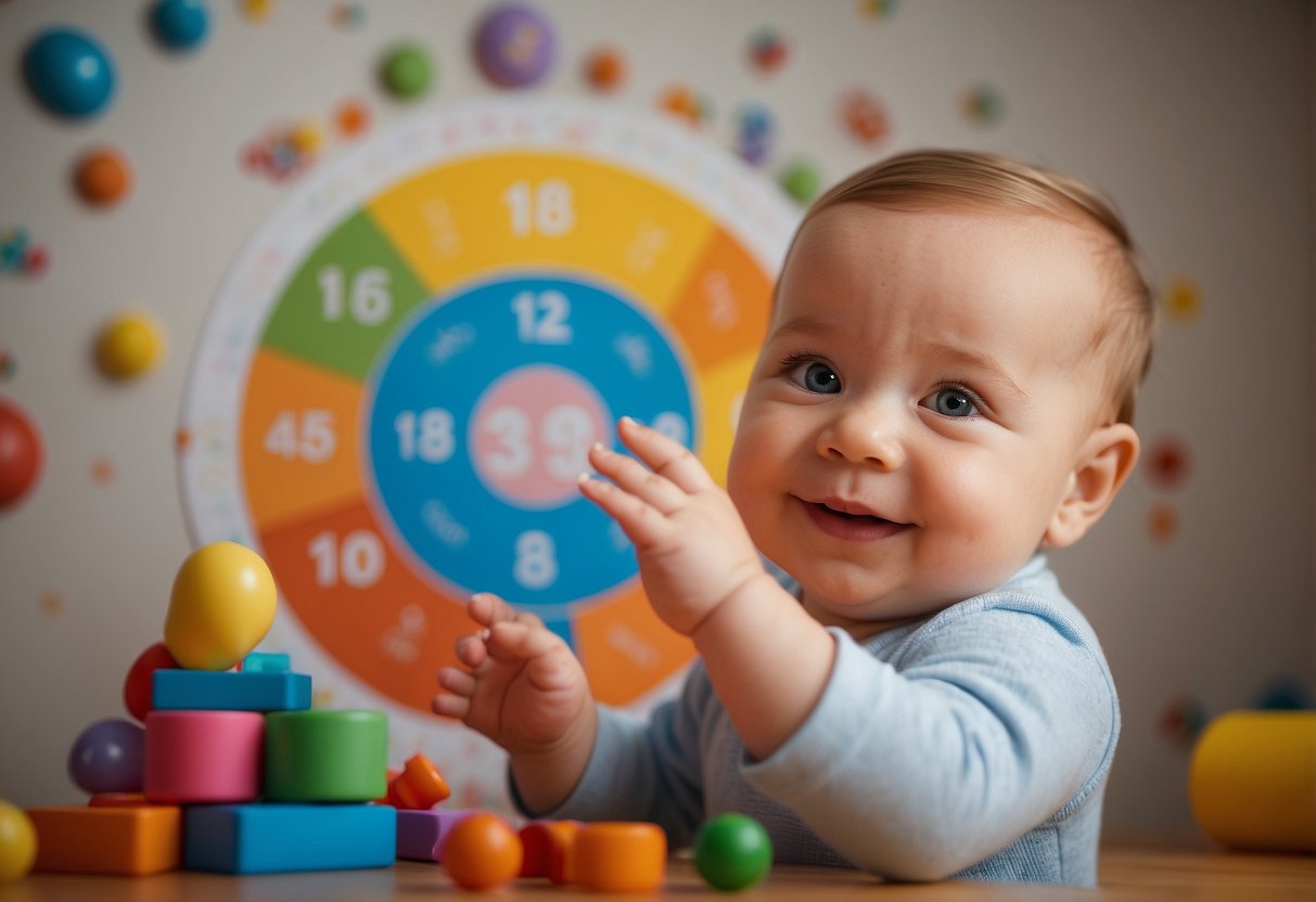 A smiling baby surrounded by colorful toys, reaching for objects, making eye contact, and cooing happily. A growth chart on the wall shows steady progress