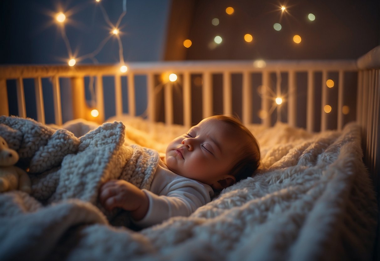 A peaceful baby lies in a cozy crib, surrounded by soft blankets and toys. A gentle nightlight casts a warm glow, creating a calm and nurturing environment for restful sleep