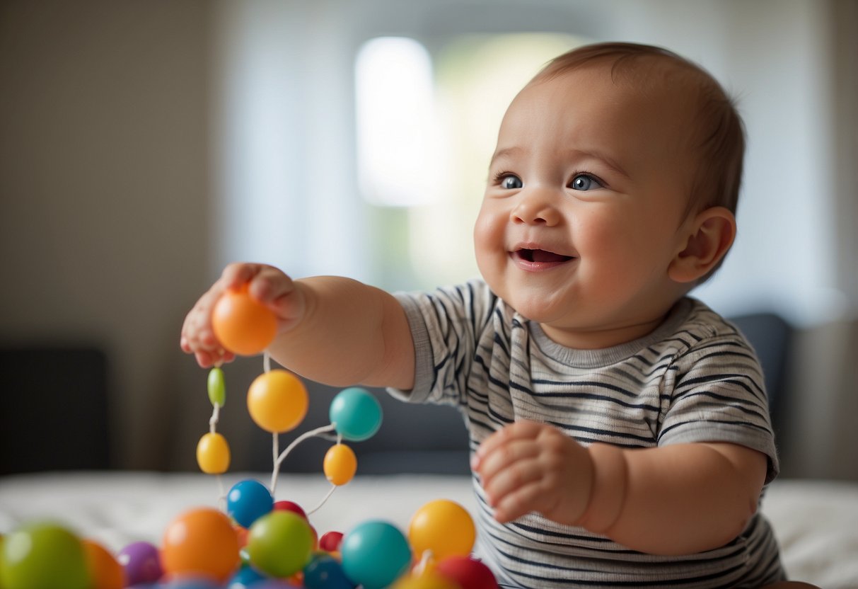 A baby reaching for a toy, smiling, and making eye contact. Responsive to touch, sound, and movement. Alert and engaged with their surroundings