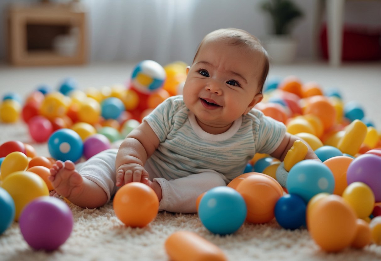 A happy, alert newborn surrounded by colorful toys, reaching and kicking with vigor. Clear eyes and smooth skin indicate good health