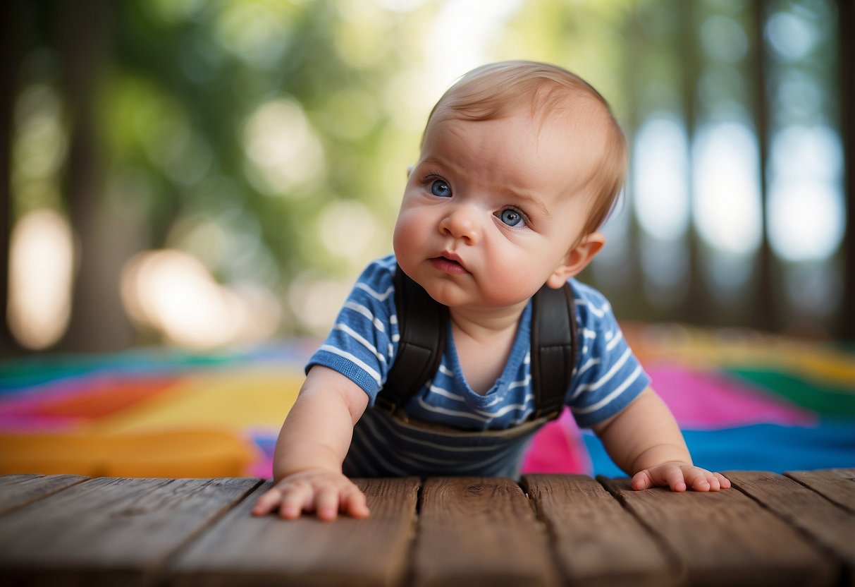 A bright-eyed newborn gazes at colorful surroundings, reaching out to explore with curiosity and alertness. Signs of thriving are evident in their active engagement with the world around them