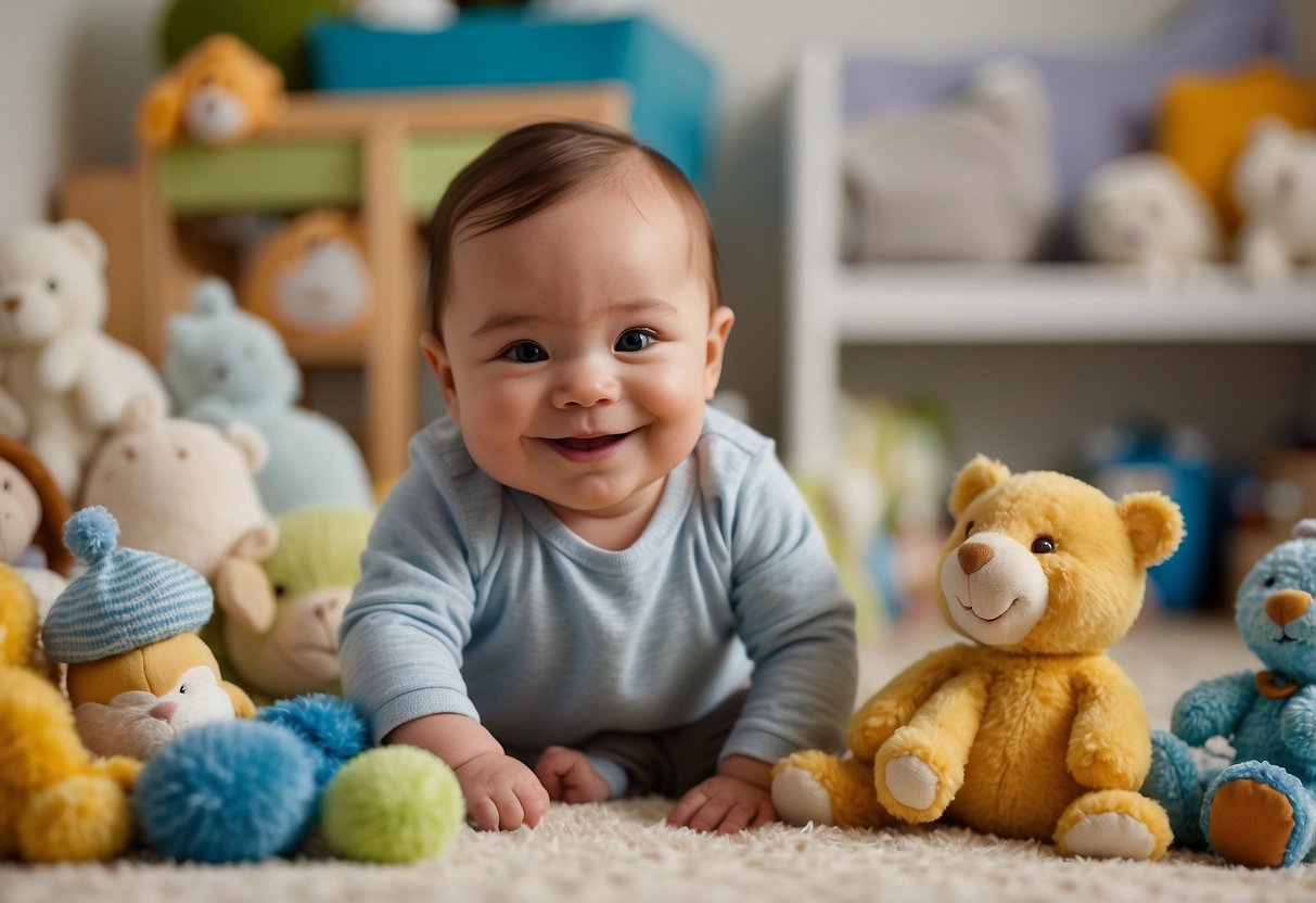 A smiling newborn surrounded by attentive caregivers, making eye contact, babbling, and reaching for objects. Toys and books are scattered around, creating a nurturing and stimulating environment