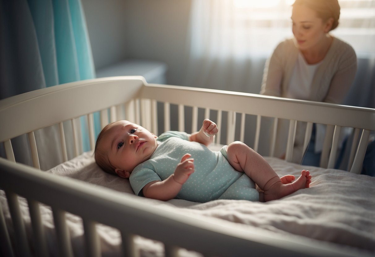 A baby lying in a crib with flushed cheeks, a thermometer showing a high temperature, and concerned parents looking on