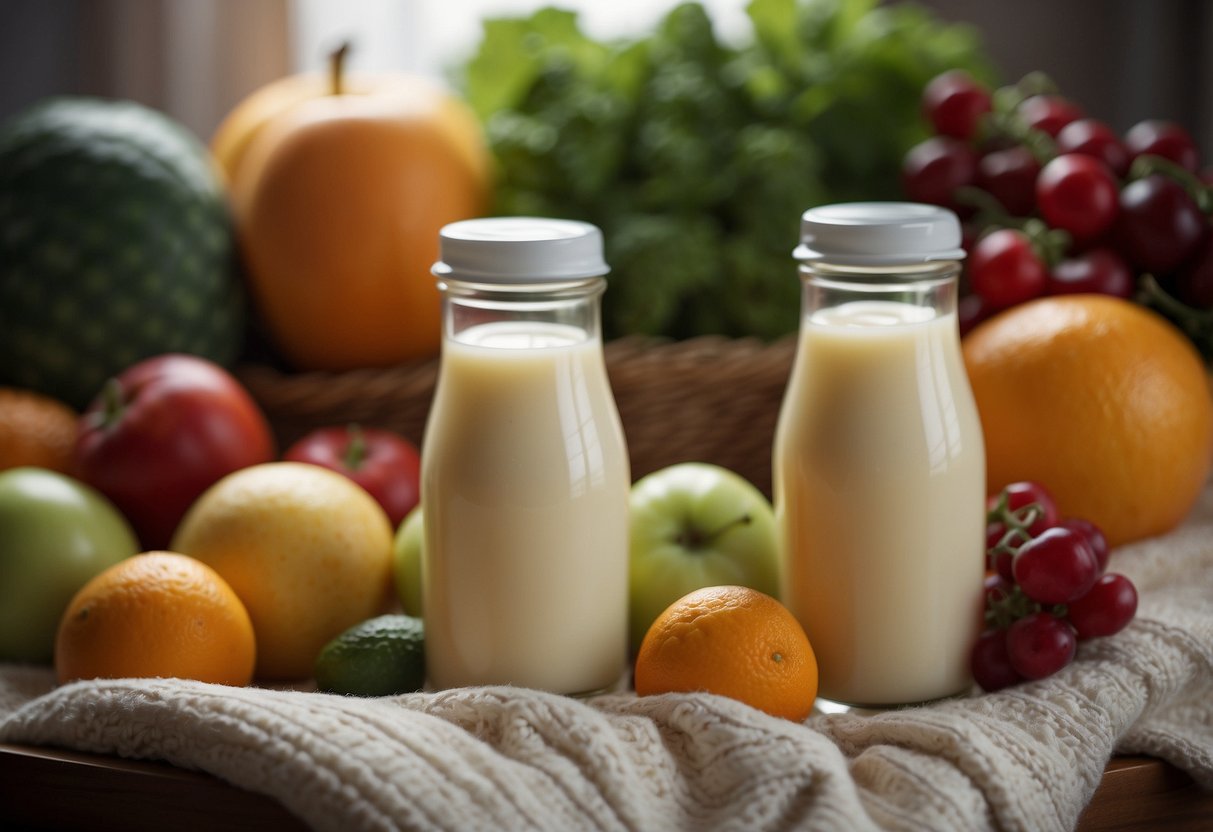 A colorful array of fruits and vegetables surrounds a bottle of breastmilk, while a soft, warm blanket and a gentle breeze create a comforting atmosphere for the newborn