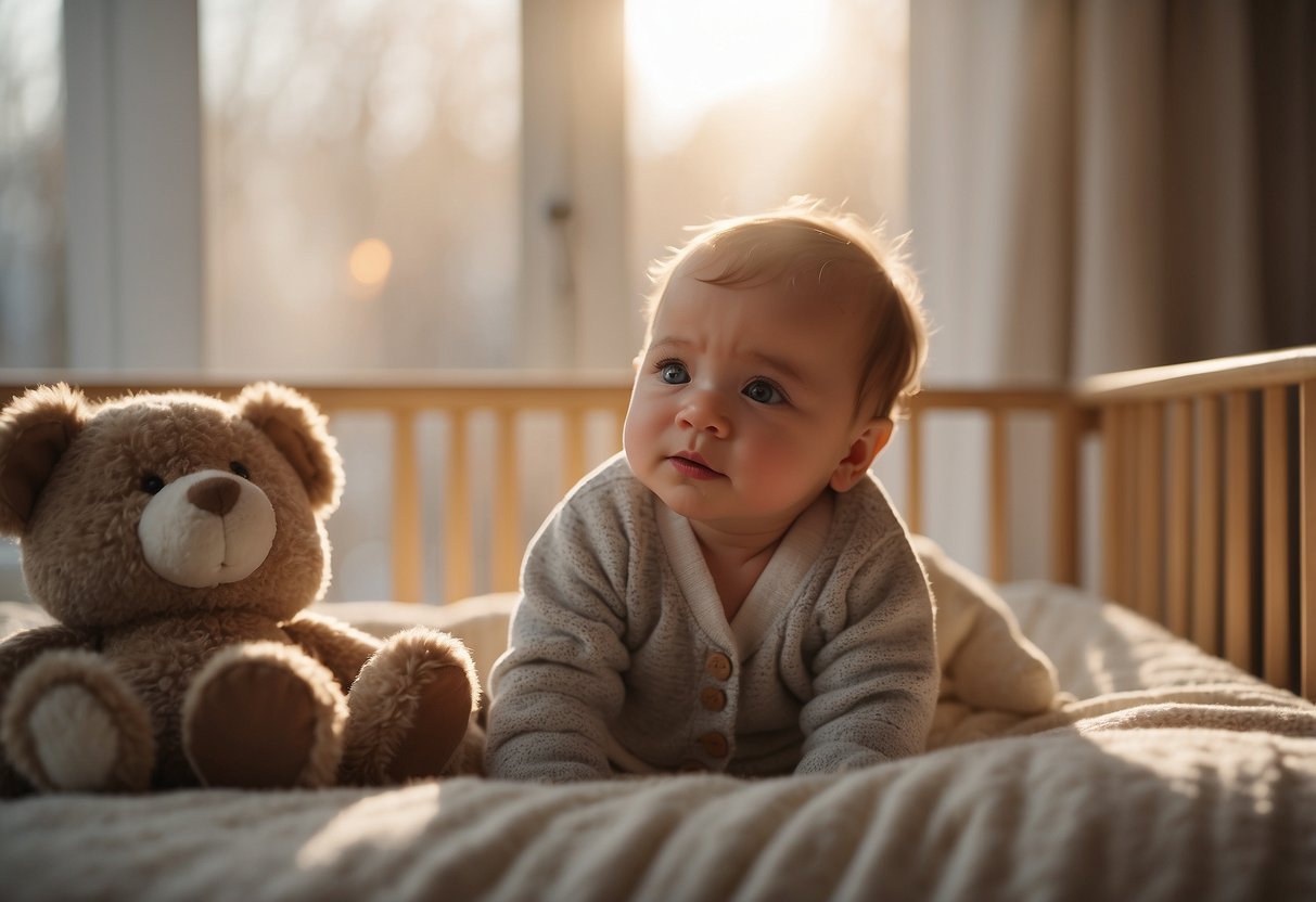 A peaceful baby nestled in a cozy crib, surrounded by soft blankets and plush toys. Sunlight filters through the window, casting a warm glow over the serene scene