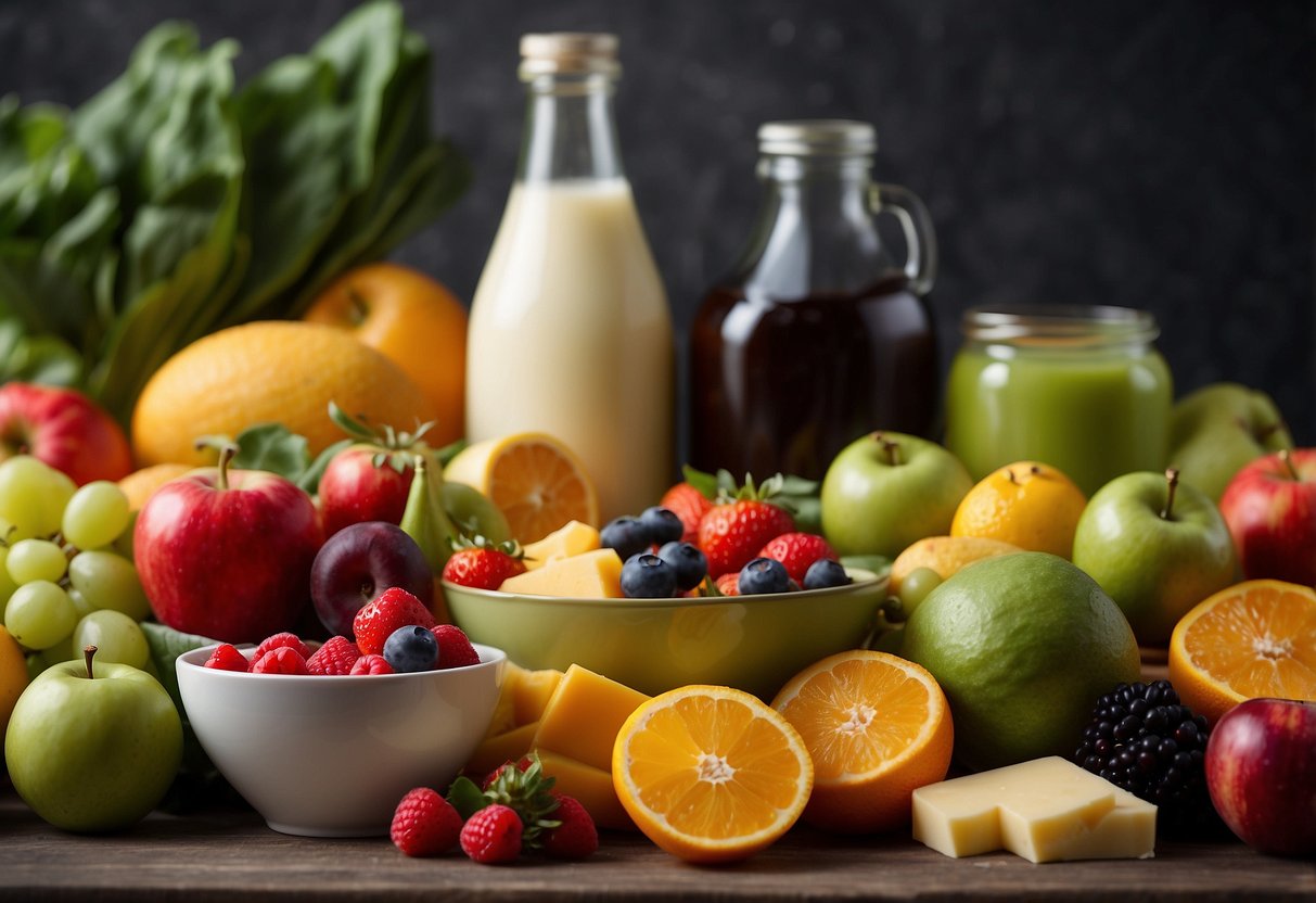 A colorful array of fruits, vegetables, and dairy products, with a focus on probiotic-rich foods. A glowing halo surrounds the spread, symbolizing the immune-boosting power of these natural ingredients