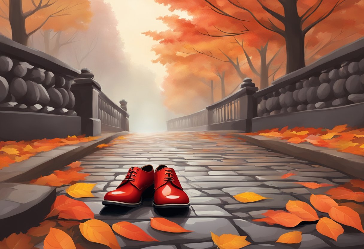 A pair of red shoes sits on a cobblestone path, surrounded by swirling autumn leaves and a mysterious mist