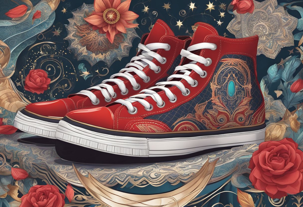 A pair of red shoes sits on a velvet cushion, surrounded by swirling patterns and magical symbols. A sense of enchantment and danger emanates from the shoes