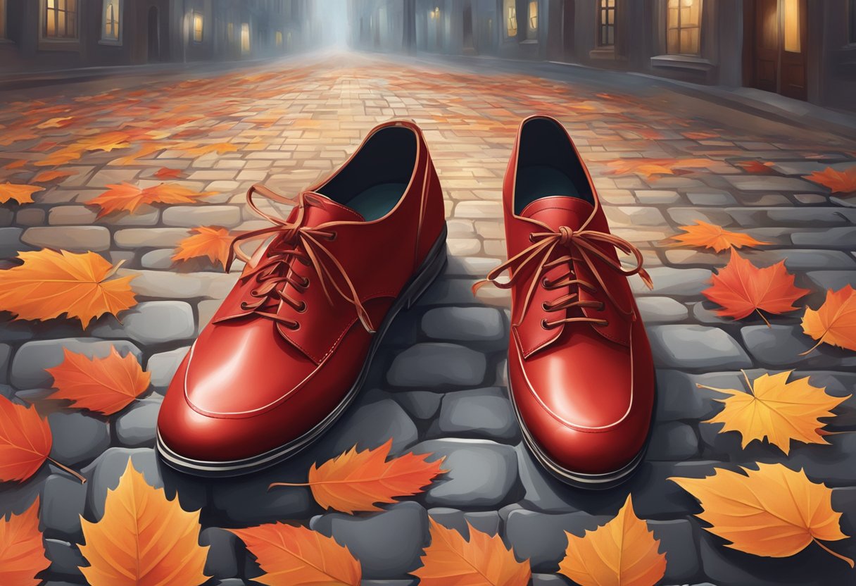 A pair of red shoes sits on a cobblestone path, surrounded by swirling autumn leaves and a mysterious mist