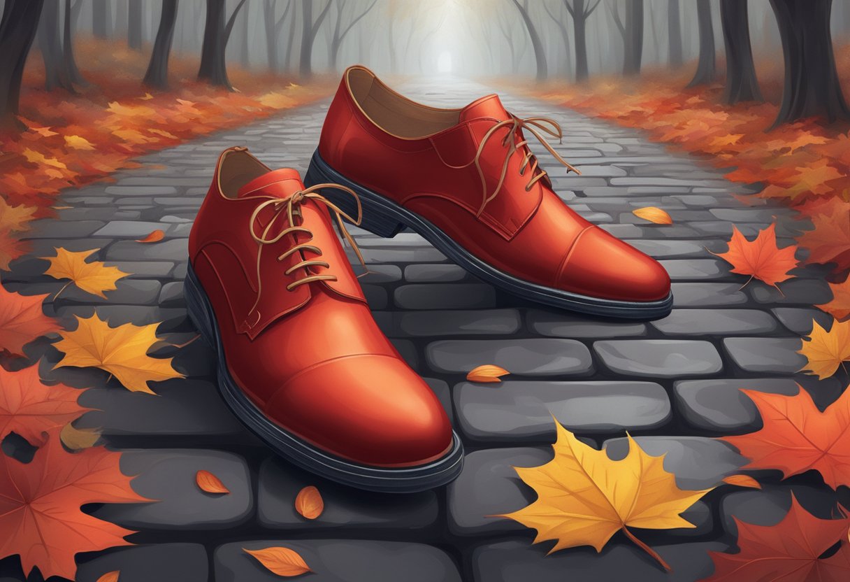 A pair of red shoes sits on a cobblestone path, surrounded by swirling autumn leaves and a mysterious mist